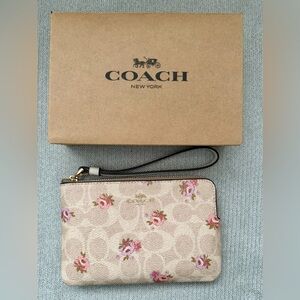 COACH Beige & Pink Floral Signature Wristlet